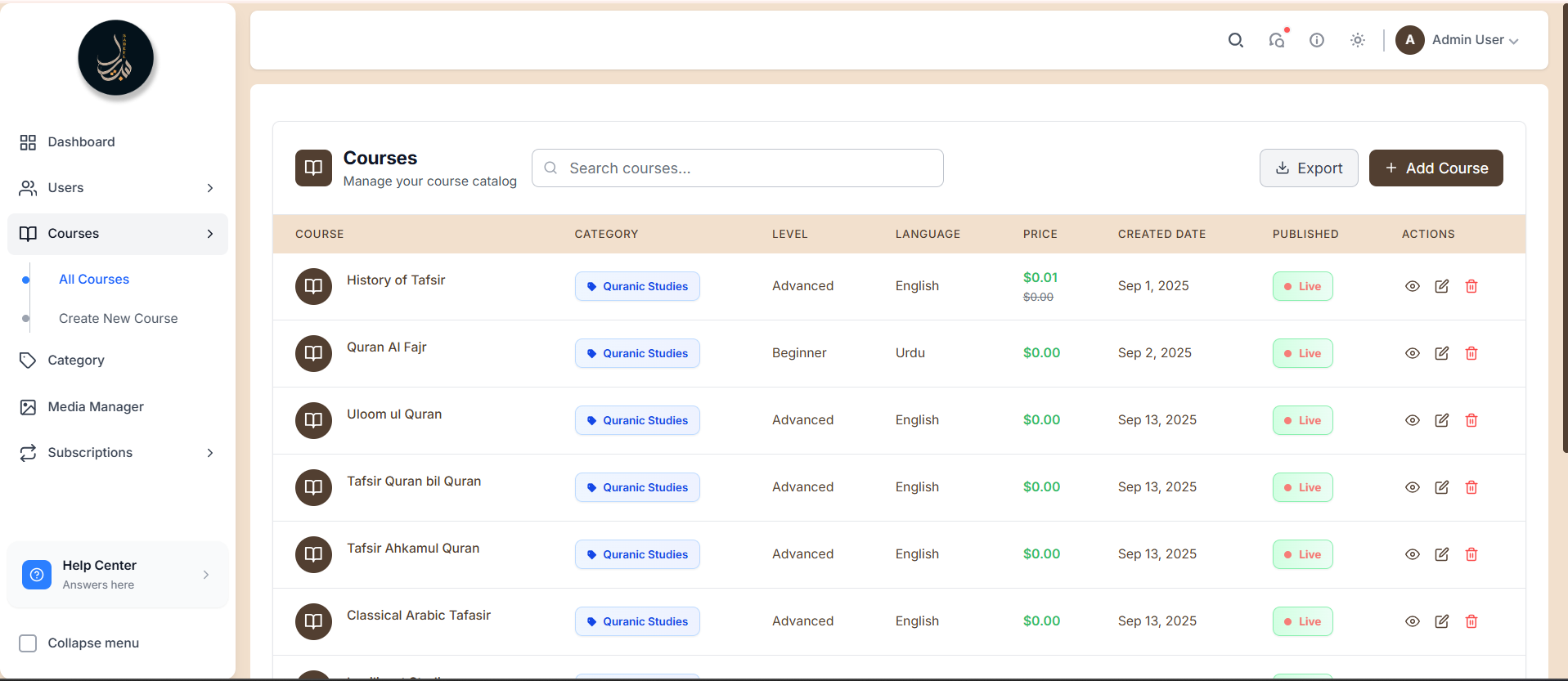 LMS Learning Management System - Admin Portal